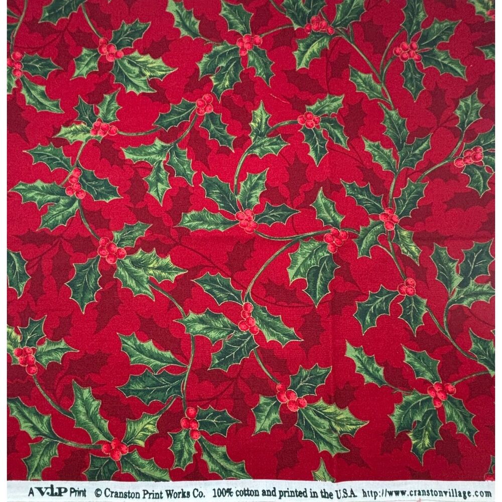 Vintage Cranston Holly Berry Christmas Cotton Fabric 38"L x 44"W